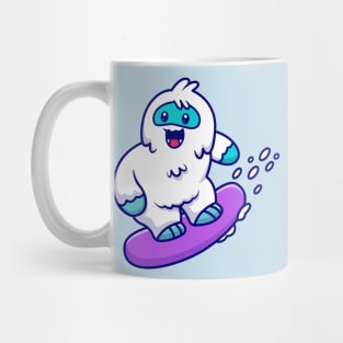 Cute Yeti Surfing In The Snow Cartoon Mug